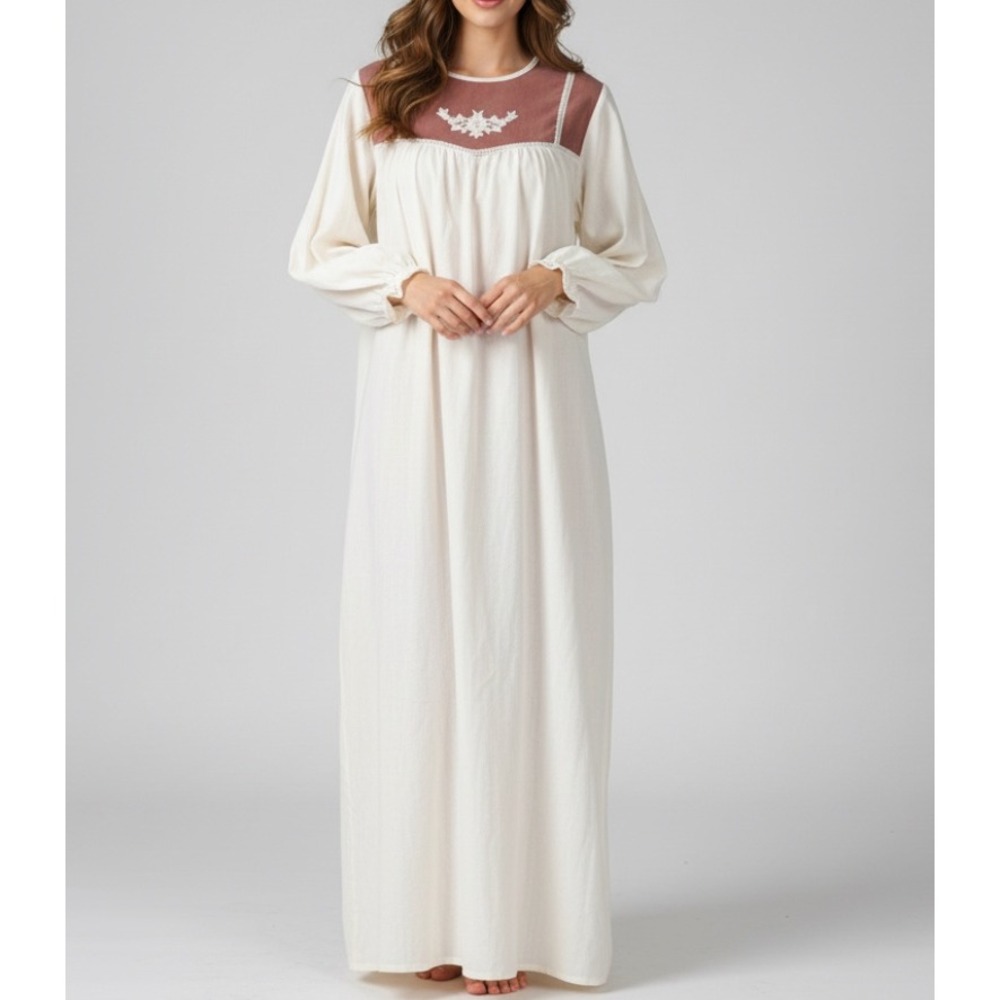 VTG MONTGOMERY WARD Ivory Fuzzy Fleece BROWN CONTRAST Lounge NIGHTGOWN 13 (M)